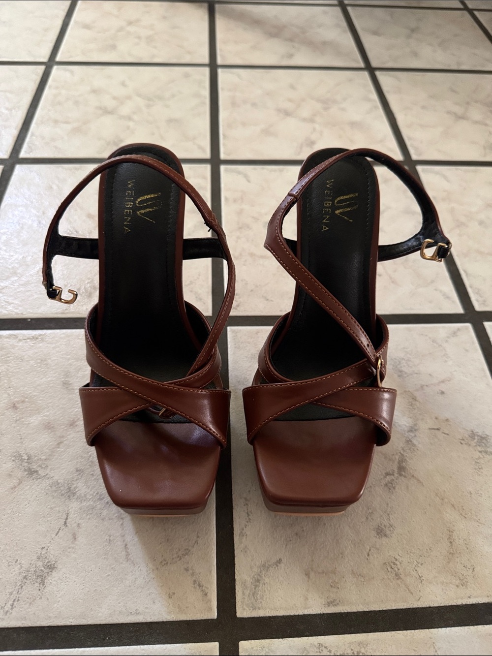 Brown Leather Cross-Strap Heels - Women's